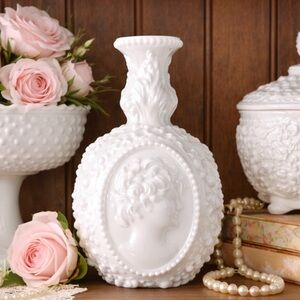 Fostoria Jenny Lind Milk Glass Cameo Bottle Vase Mid Century Vtg Cottage Decor